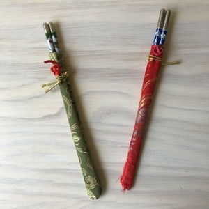 Japanese East Asian Decorative Chopsticks Hairsticks Set of 2 W/ Silk Covers